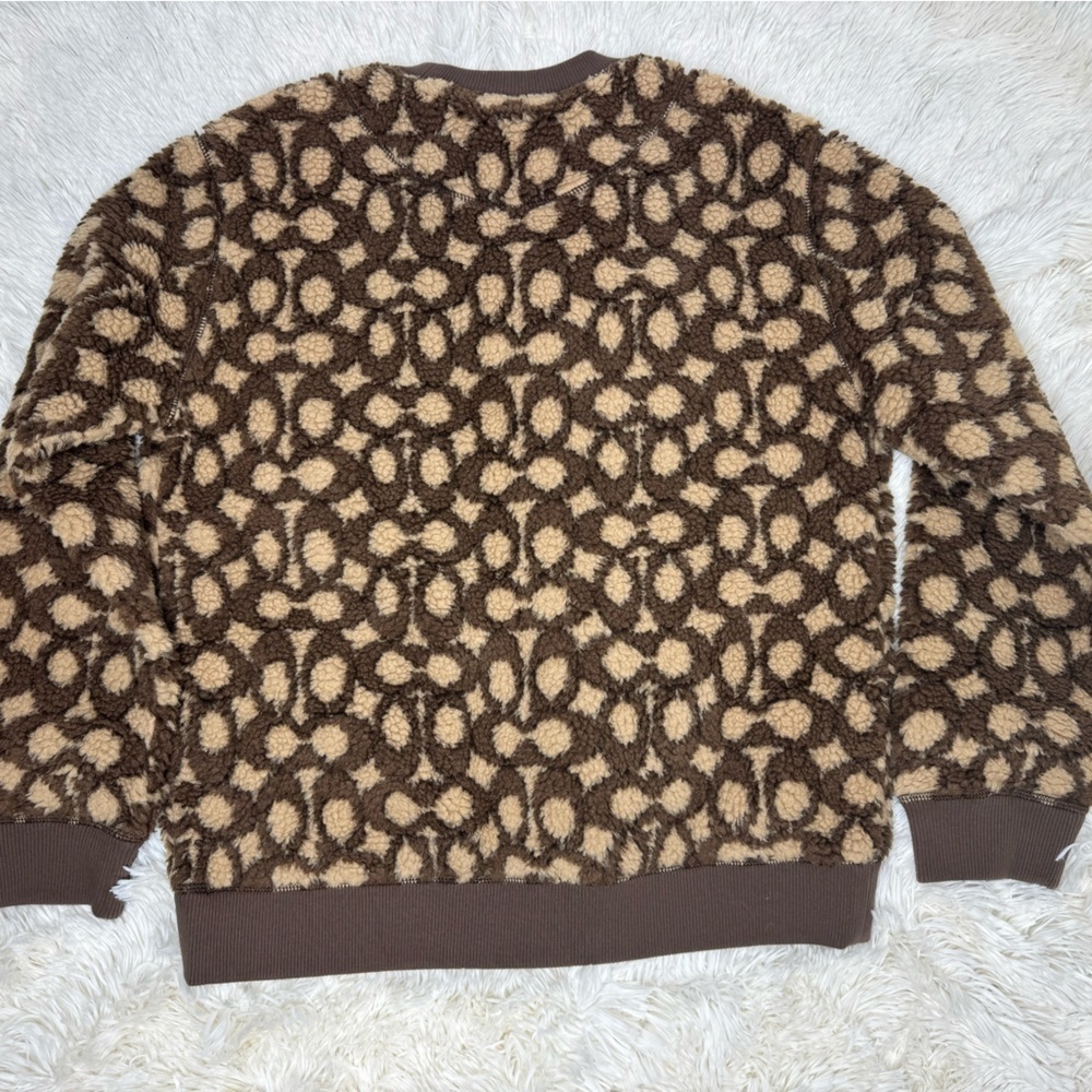 Coach Signature Monogram Sherpa Fleece Pullover Sweatshirt Brown Tan Women’s S - Picture 3 of 5